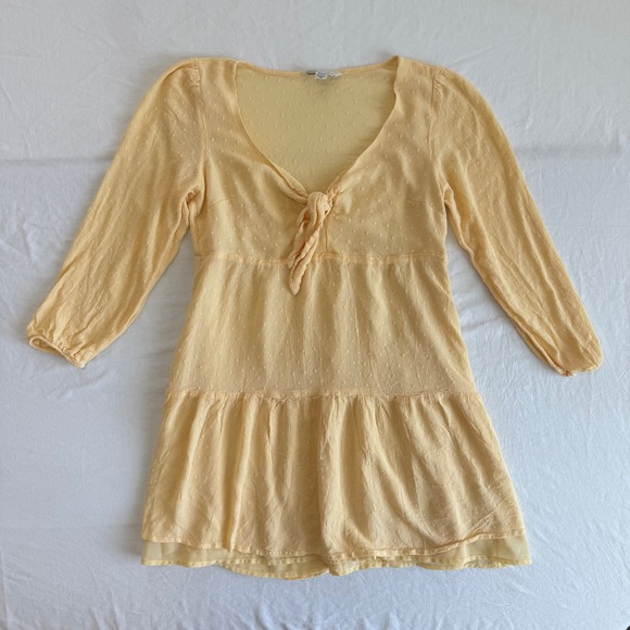 American Eagle Small Butter Yellow Swiss Dot Long Sleeve Tie Front Tiered Dress - Picture 1 of 4